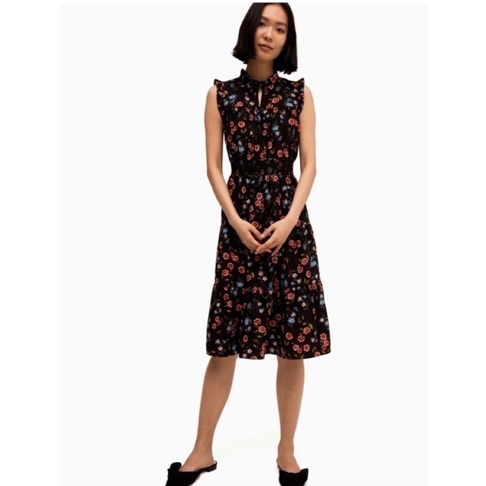 Kate Spade New York Black Floral Ruffle Neck Smocked Tiered Midi Dress XL Chic